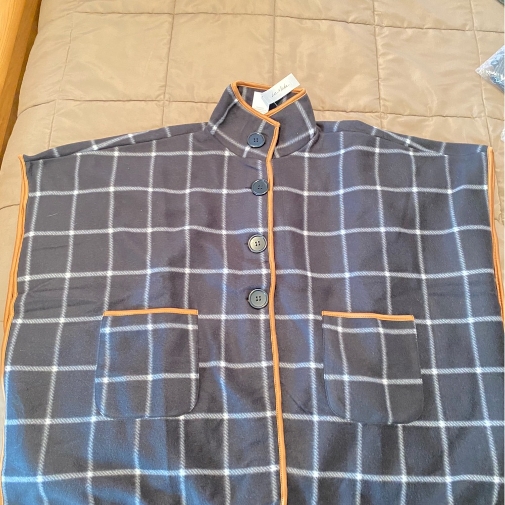 Plaid Button-Up Cape with Orange Trim